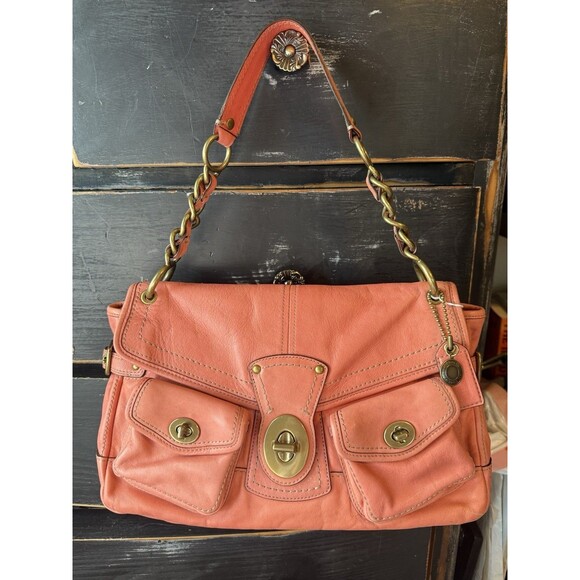 Coach 11128  Leigh Legacy Ltd Ed Pink Leather Handbag Brass Turnlock Striped - Picture 2 of 14